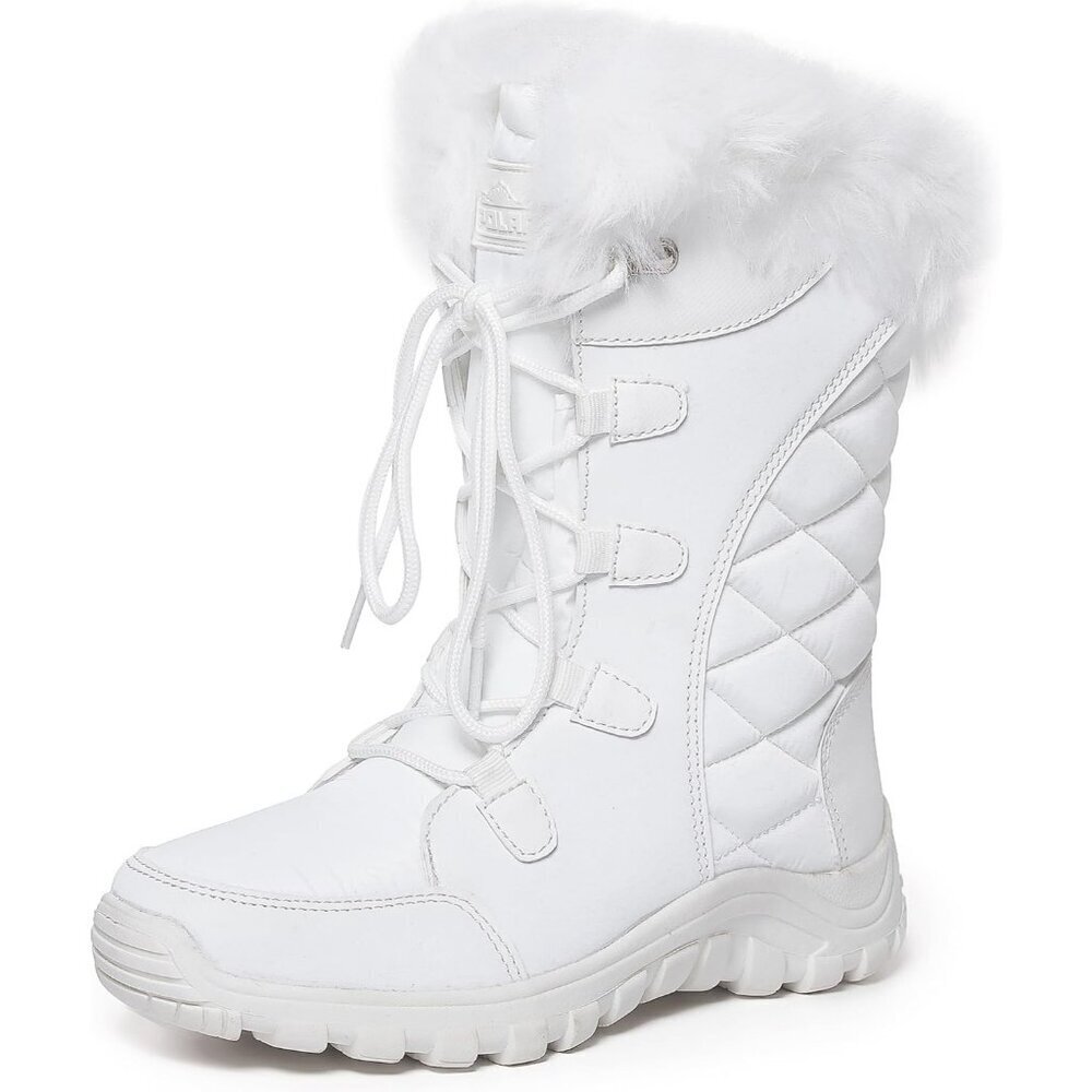 Womens White Quilted Faux Fur Cuff Winter Duck Boots with Rubber Sole
